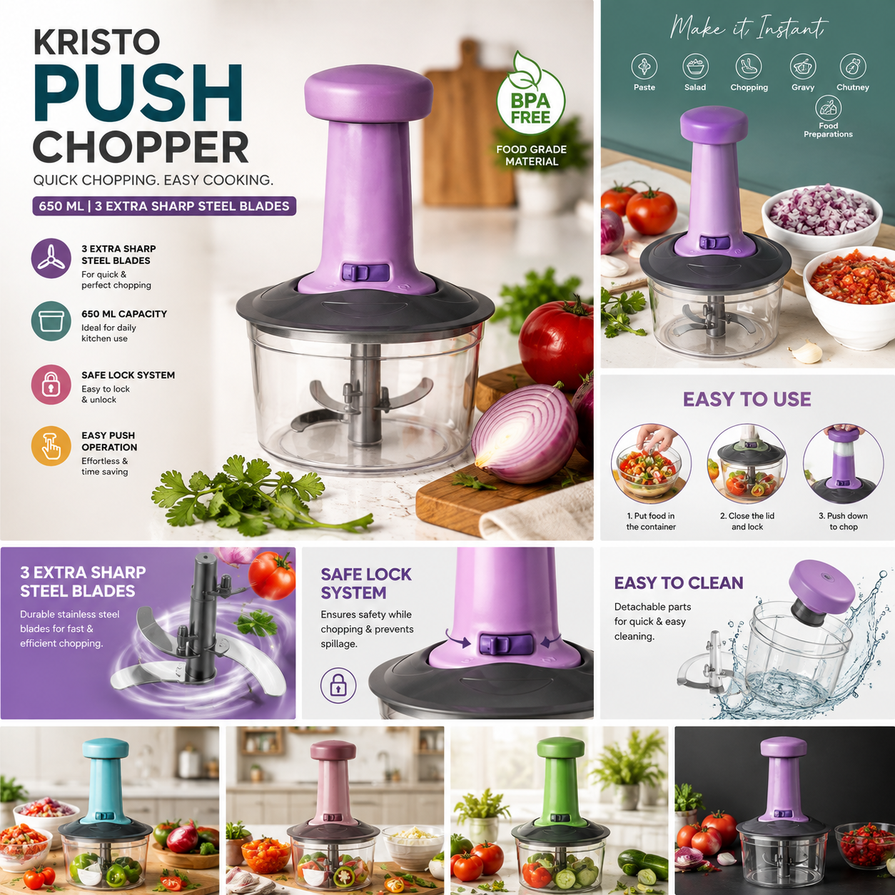 Kristo Push Chopper 650ML – Premium Manual Vegetable & Fruit Chopper | 3 Extra Sharp Stainless Steel Blades | BPA Free | Food Grade | Easy Push Operation | Multipurpose Kitchen Chopper
