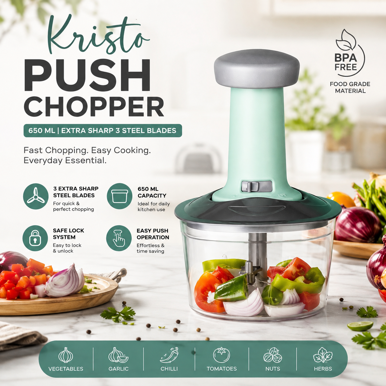 Kristo Push Chopper 650ML – Premium Manual Vegetable & Fruit Chopper | 3 Extra Sharp Stainless Steel Blades | BPA Free | Food Grade | Easy Push Operation | Multipurpose Kitchen Chopper