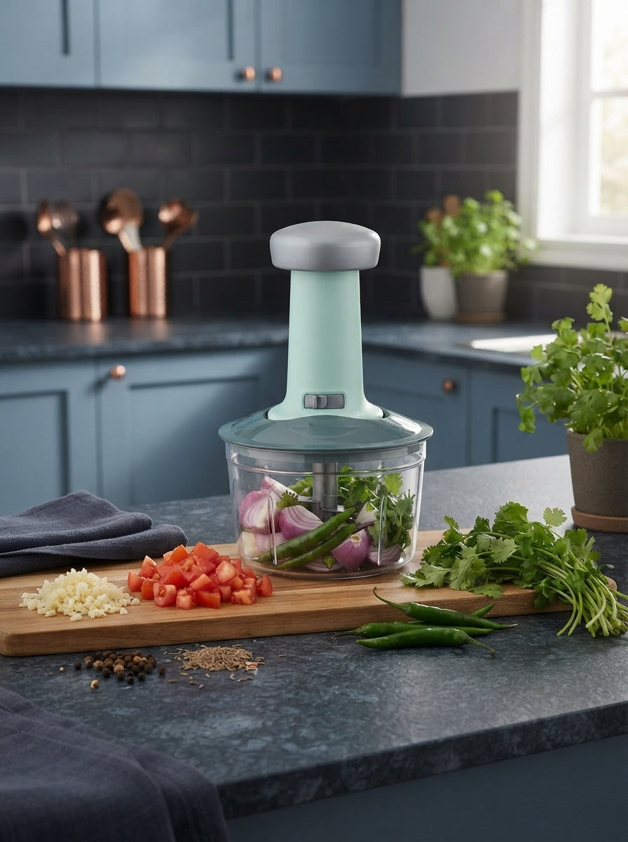 Kristo 650ML manual push chopper with fresh vegetables on a slate blue granite countertop in a modern kitchen.